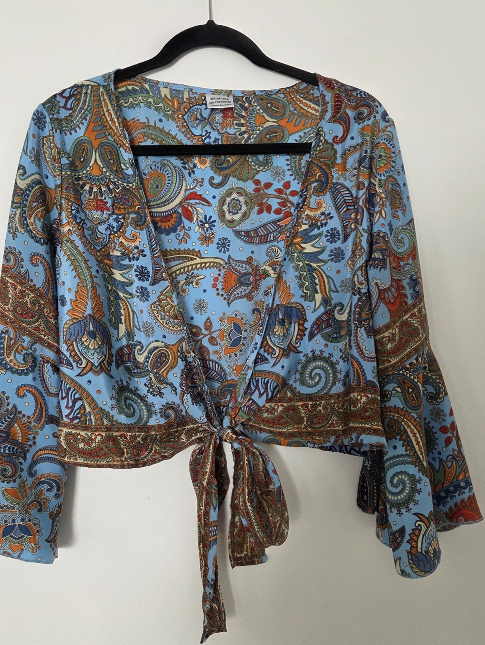 Light Blue Paisley Tie-Front Women's Top